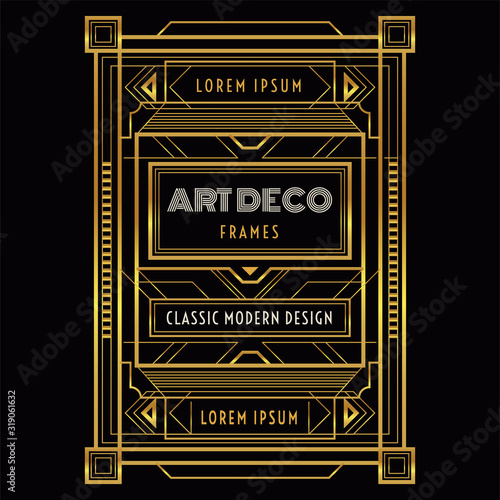 Golden Art deco geometric frame set, for Posters, backgrounds, invitations, cards, discount, social media, sale announcement and more. All lines are not expanded, so you can resize the outline/stroke.