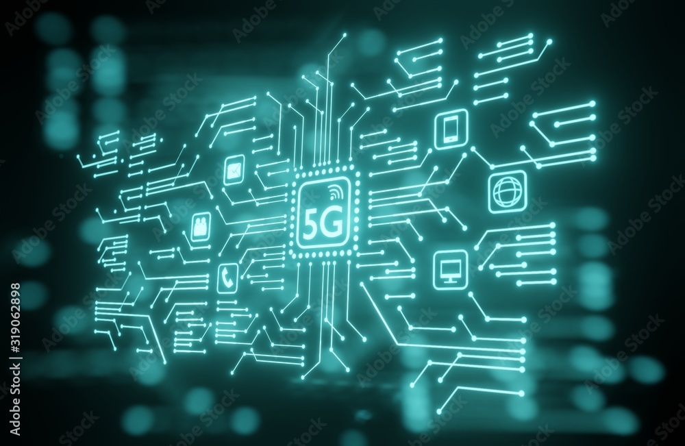 5G network digital hologram and internet  background.3D Rendering