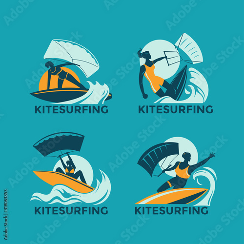 Set of Extreme Sport Kitesurfing or Kite Boarding Vector Illustration