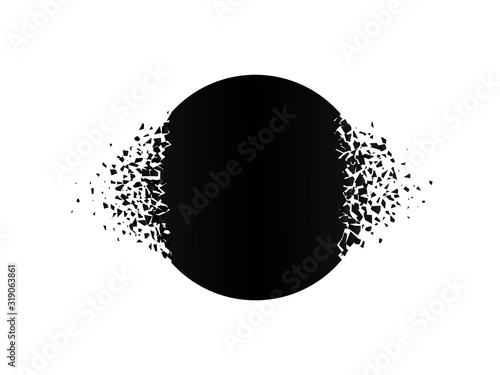 exploding round with debris. Isolated black circle on white background. Concept, template for sale. 3d effect of particles. Vector illustration EPS 10