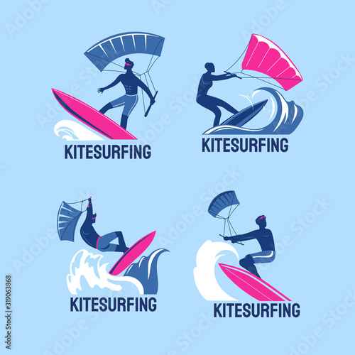Set of Extreme Sport Kitesurfing or Kite Boarding Vector Illustration