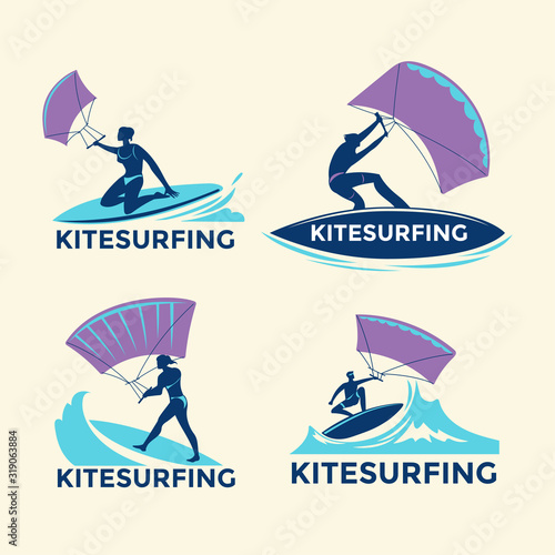 Set of Extreme Sport Kitesurfing or Kite Boarding Vector Illustration