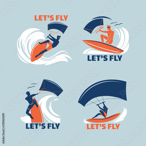 Set of Extreme Sport Kitesurfing or Kite Boarding Vector Illustration