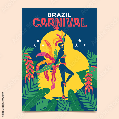 Vector Illustration Woman dance in colorful carnival costume, tropic leafes and mask on a Brazilian carnival theme