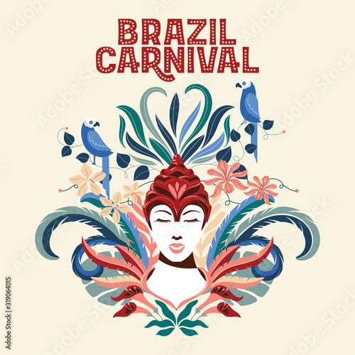 Brazilian samba dancers face with macaw bird and hibiscus flower background