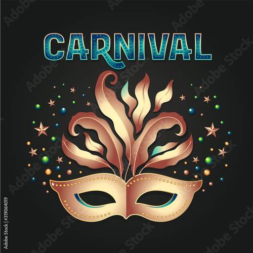 Golden carnival mask with feathers