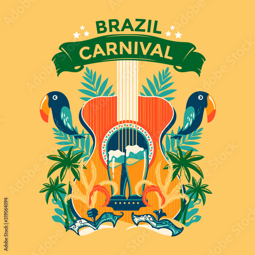 Vector templates with palm tree, toucan bird, and mask for Brazil carnival