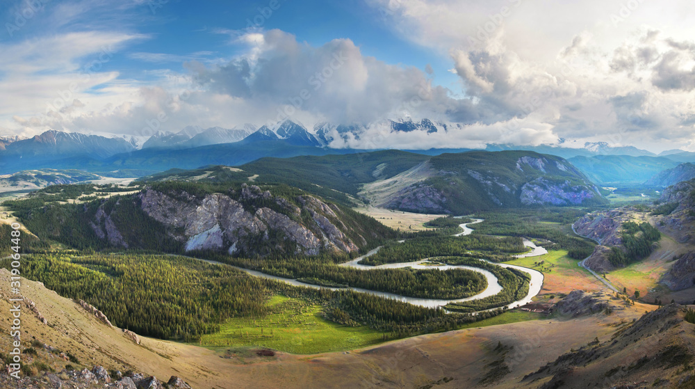 Fototapeta premium Summer in the mountains, mountain valley, panorama landscape, Altay
