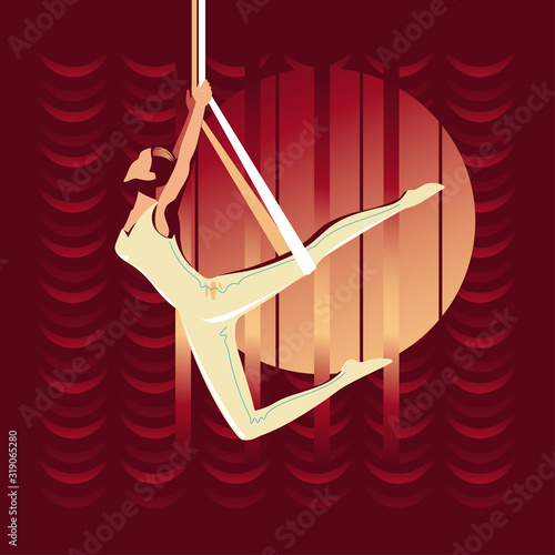 The girl hangs on the trapeze upside down. Vintage vector illustration