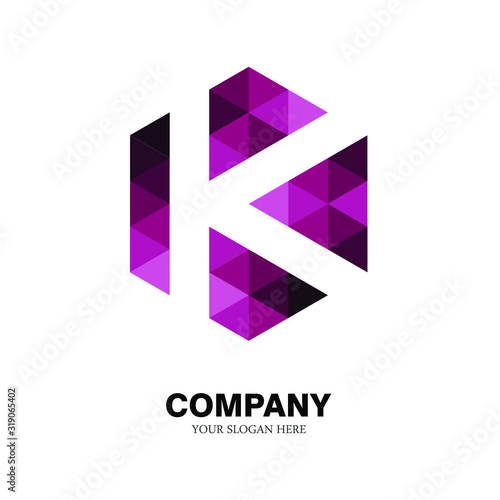 the letter logo K, with the hexagon shape of a collection of triangles. modern template.purple texture. isolated white. K logo technology for companies, digital graphics and graphics