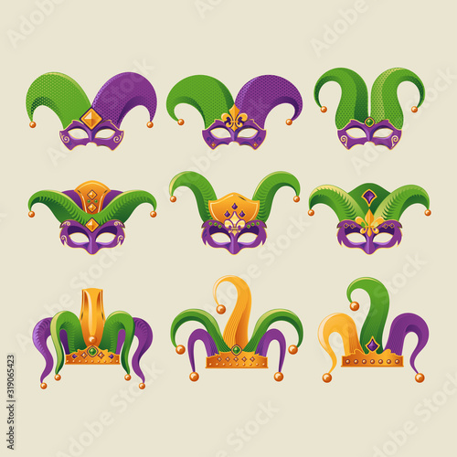 Set of Mardi Gras Jester Hat Vector Illustration