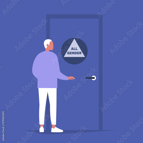 Gender neutral public restroom, young male character opening the door