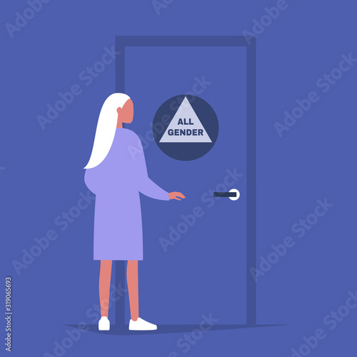 Gender neutral public restroom, young female character opening the door