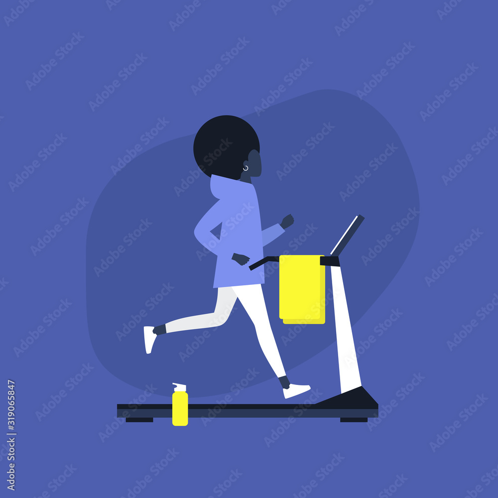 Young black female character running on a treadmill in the gym, Sport and Active lifestyle Young black female character running on a treadmill in the gym, Sport and Active lifestyle