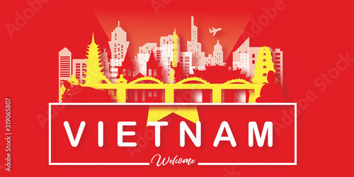 Vietnam Travel postcard, poster, tour advertising of world famous landmarks in paper cut style. Vectors illustrations