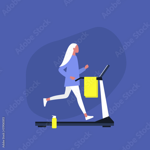 Young female character running on a treadmill in the gym, Sport and Active lifestyle