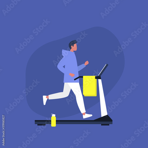 Young male character running on a treadmill in the gym, Sport and Active lifestyle