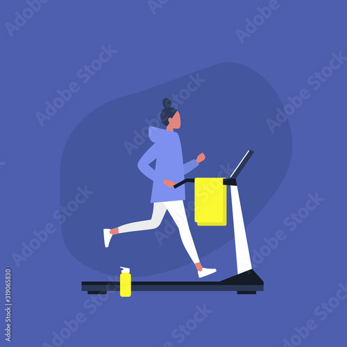 Young female character running on a treadmill in the gym, Sport and Active lifestyle