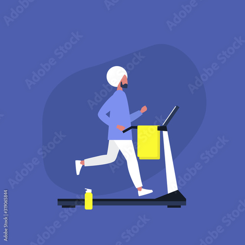 Young indian male character running on a treadmill in the gym, Sport and Active lifestyle