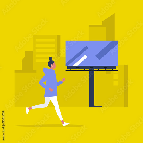 Urban jogging, young female character running in the morning, cityscape with buildings and billboards