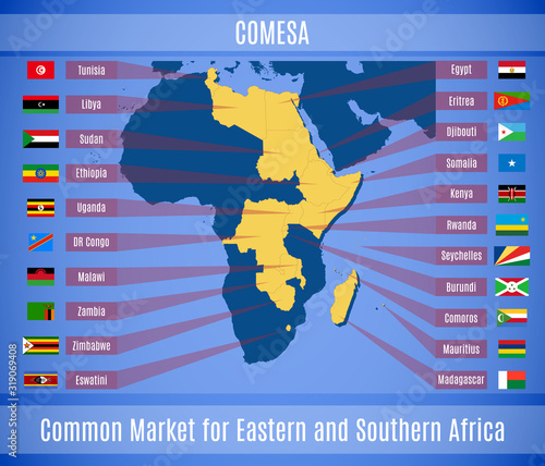 Vector map and flags of the Common Market for Eastern and Southern Africa (COMESA)