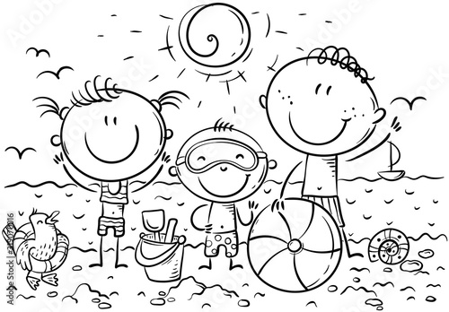 Happy kids at the seaside, outline, vector illustration