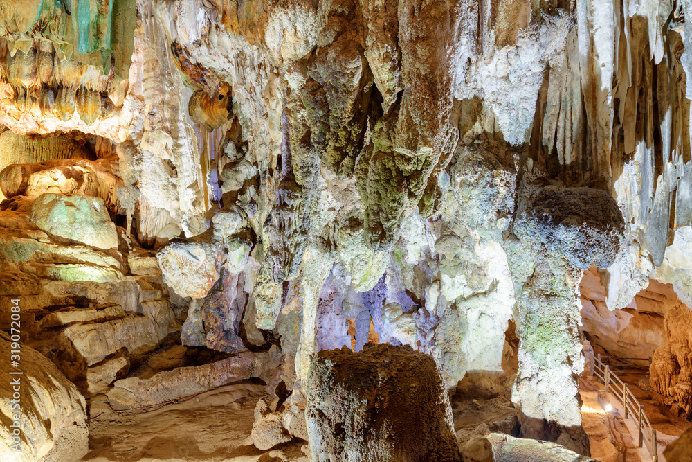 Scenic stalactites and stalagmites inside Phong Nha Cave