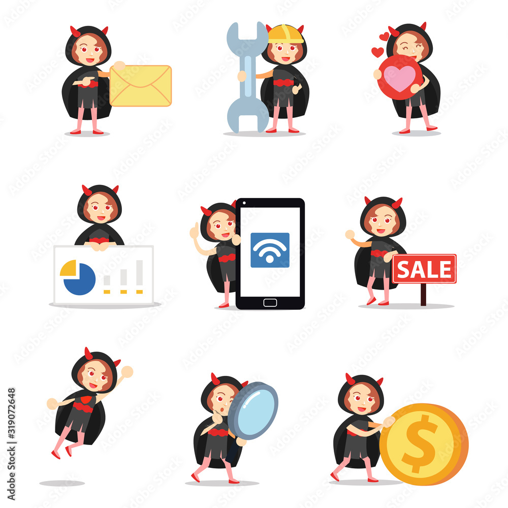 Set of character female Lucifer has scary red eyes.