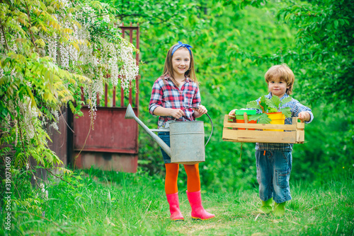 Kids farmers hold box and watering can. Lovely children couple walking in spring garden.