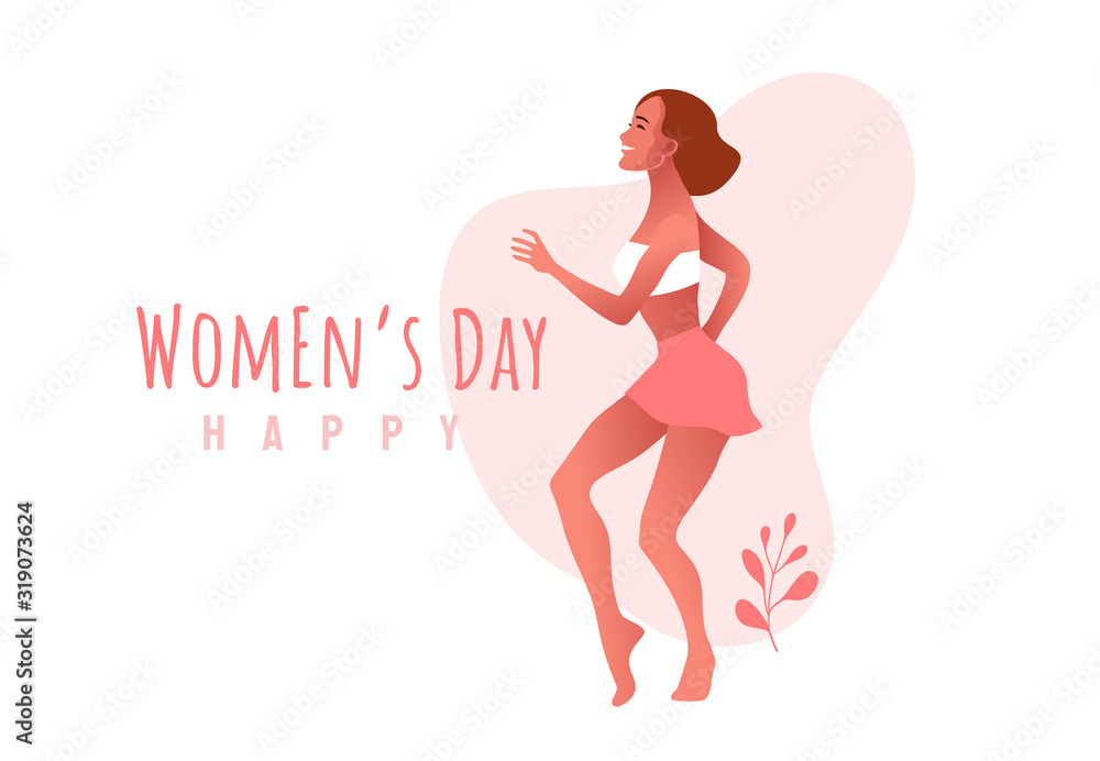 International Women s Day. 8 March. Happy sexy girl in oink dress dancing in the street. Vector template with beautiful woman for card, poster or flyer.