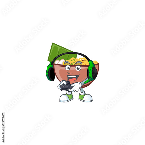 Cool bowl of noodle cartoon mascot with headphone and controller