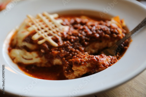 Homemade Beef Meat lasagna on dish in restaurant , Italian food