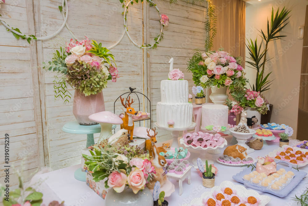 Fototapeta premium Details of luxurious table of sweets and birthday cake