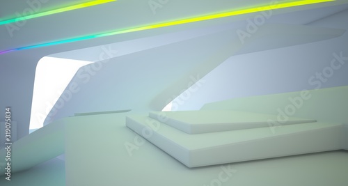 Abstract architectural white interior of a minimalist house with colored neon lighting. 3D illustration and rendering