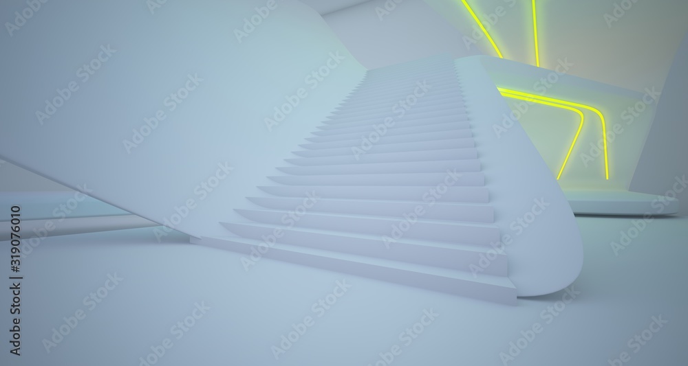 Abstract architectural white interior of a minimalist house with colored neon lighting. 3D illustration and rendering Abstract architectural white interior of a minimalist house with colored neon lighting. 3D illustration and rendering