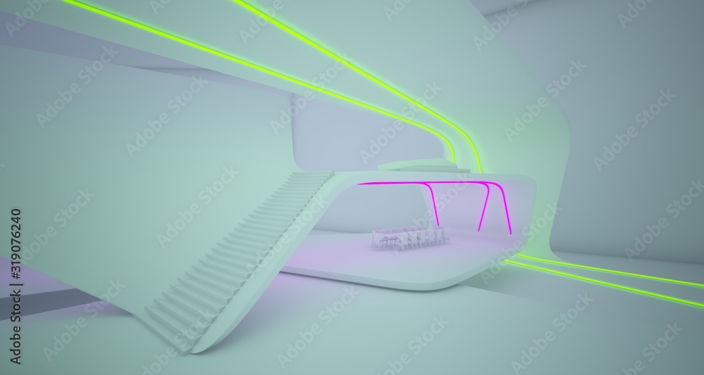 Abstract architectural white interior of a minimalist house with colored neon lighting. 3D illustration and rendering Abstract architectural white interior of a minimalist house with colored neon lighting. 3D illustration and rendering