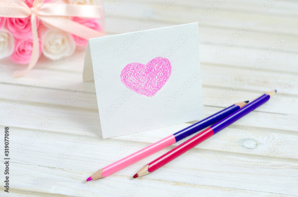 Postcard to the day of Valentine's Day with your own hands. Pink heart drawn by color pencil. Surprise. Postcard to the day of Valentine's Day with your own hands. Pink heart drawn by color pencil. Surprise.