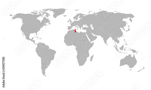 Tunisia country highlighted on world map. Gray background. Perfect for backgrounds  backdrop  business concepts  chart  label  sticker and wallpapers.