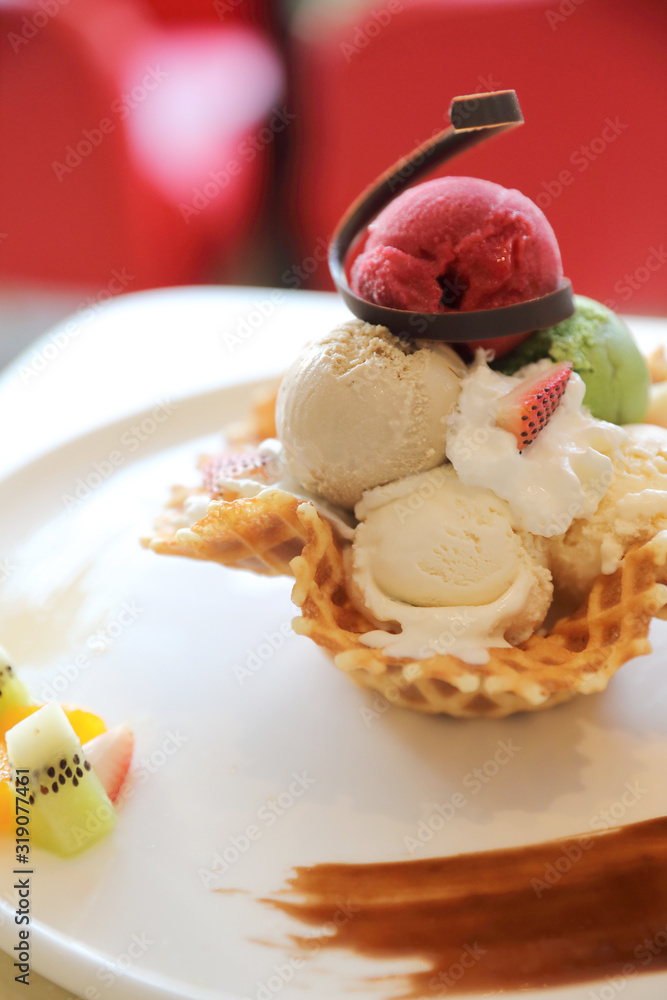 ice cream on waffle and fruit topping ice cream on waffle and fruit topping