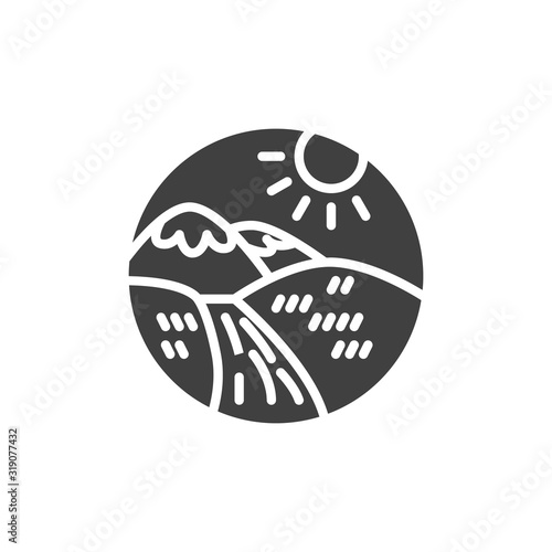 Rural landscape with mountains and hills vector icon. filled flat sign for mobile concept and web design. Mountains with road and sun glyph icon. Symbol, logo illustration. Vector graphics
