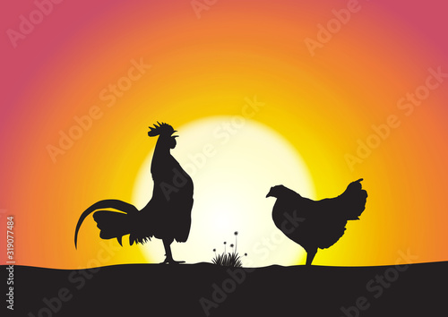 Silhouette of rooster and hen on sweet sunrise background vector illustration