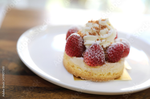Strawberry cake sweet dessert on wood background