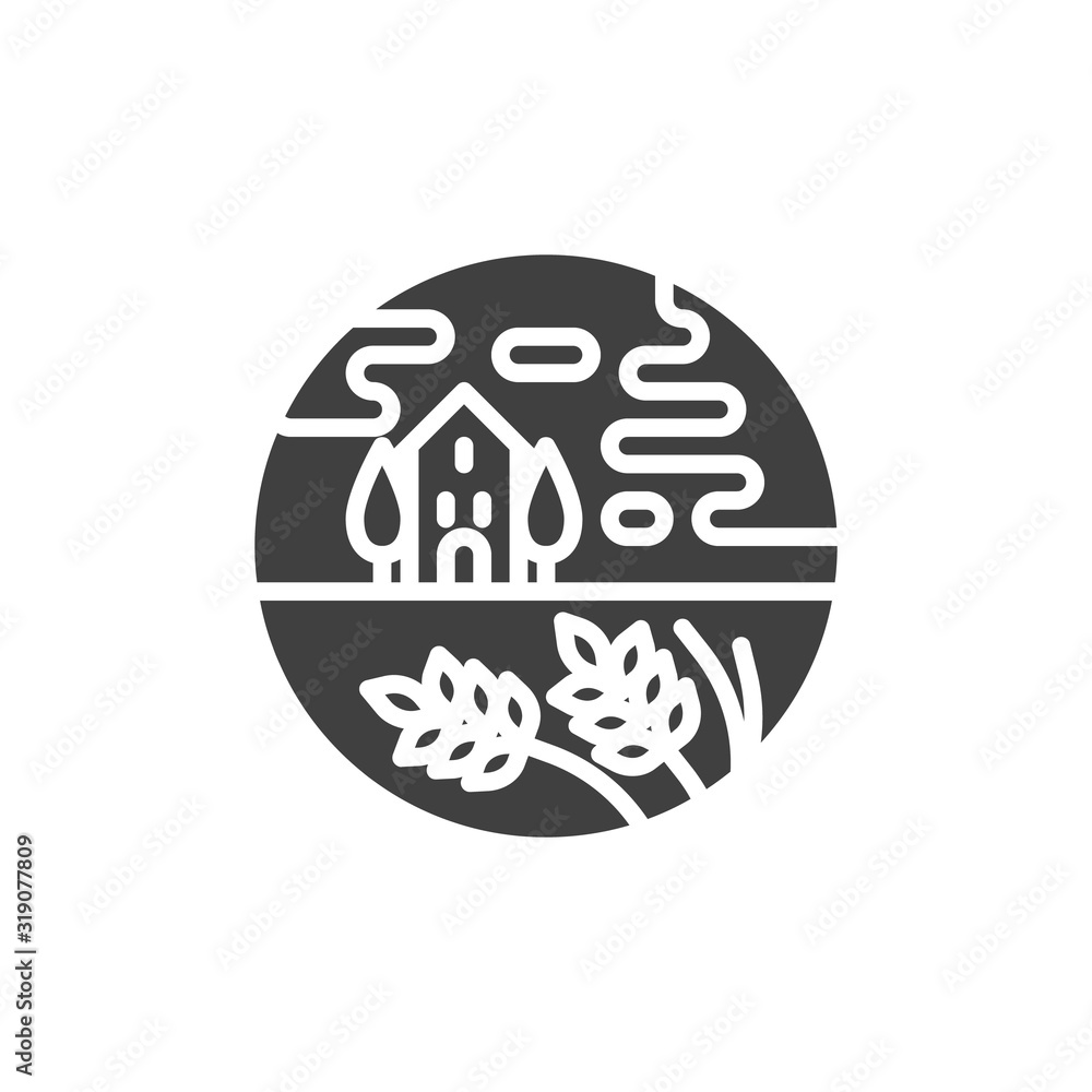Rural landscape vector icon. filled flat sign for mobile concept and web design. Cottage house and trees glyph icon. Symbol, logo illustration. Vector graphics Rural landscape vector icon. filled flat sign for mobile concept and web design. Cottage house and trees glyph icon. Symbol, logo illustration. Vector graphics