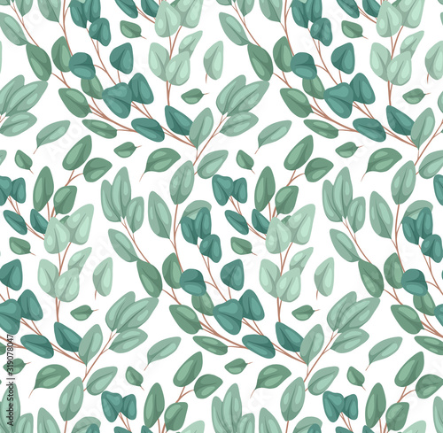 Seamless texture of flat eucalyptus populus on a white background. Cartoon branches with foliage. Natural vector color texture for wallpaper, fabrics and your design.