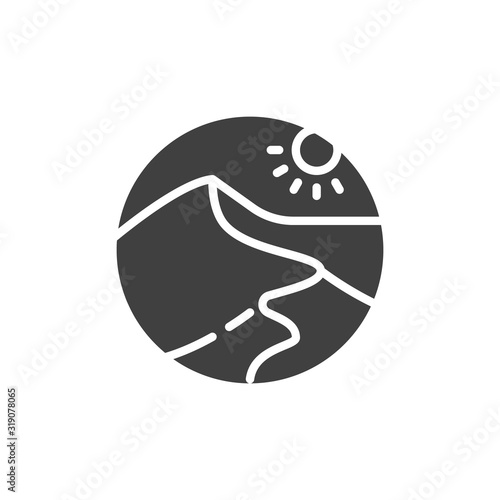 Desert landscape vector icon. filled flat sign for mobile concept and web design. Sand Dunes and sun glyph icon. Symbol, logo illustration. Vector graphics