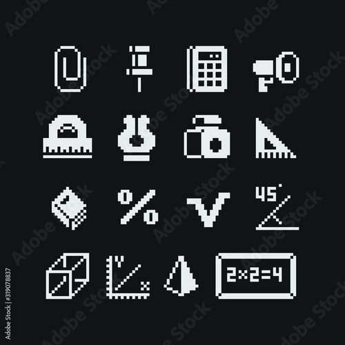 Mathematics pixel art icons, math set, stationery, paper clip, pin, calculator, ruler, percentage, graph,design for web, sticker, mobile app, isolated black and white vector illustration. Game assets.