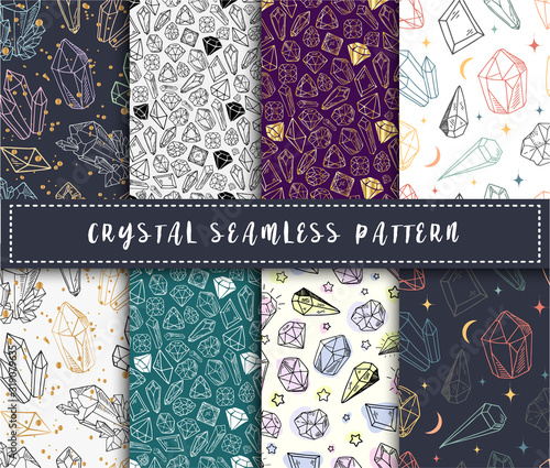 Crystal seamless pattern - colorful rainbow crystals or gems on white background, endless background with gemstones, minerals, diamonds, flat vector for textile, wrapping paper, scrapbooking