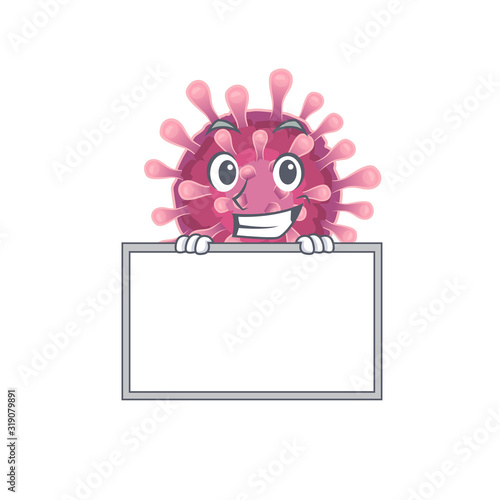 A cute picture of corona virus grinning with board