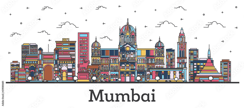 Naklejka premium Zarys panoramę miasta Mumbai Indie z kolorowymi budynkami na białym tle.