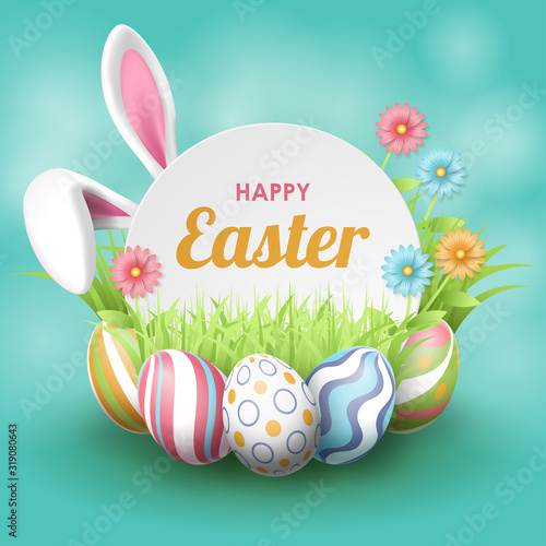 Happy Easter background with realistic painted eggs, grass, flowers, and rabbit ears. Vector illustration